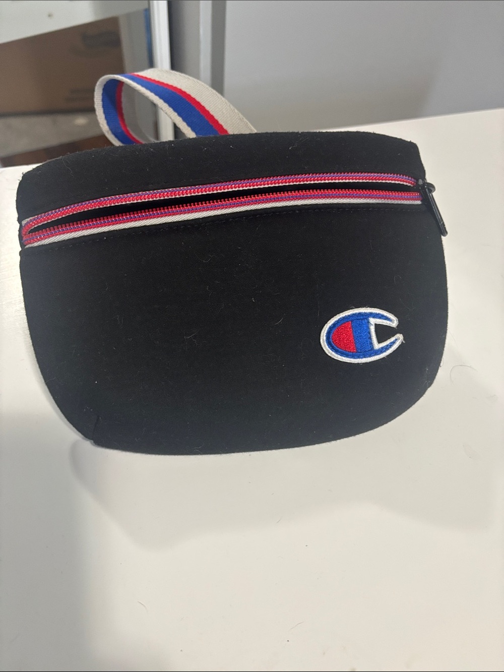 Champion Black Waist Pouch with Red and Pink Zip and Tricolor Strap